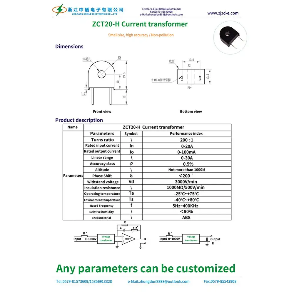 ZhongDun ZCT20-H Ferrite Core Mini Precision Pcb Sensor Manufacture  Ac Small Ct Current Transformer for Microwave Oven