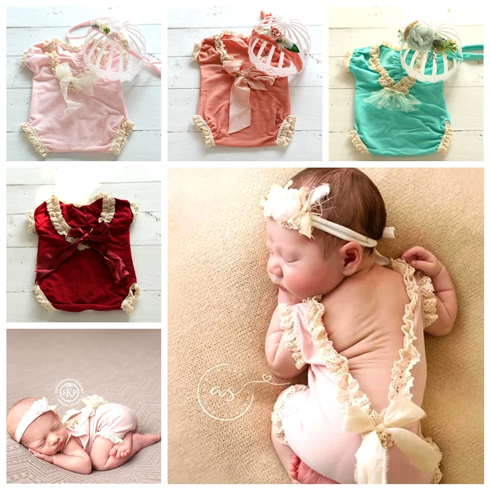 

Summer Newborn Girl Clothing Baby Photography Props Stretch Lace Romper And Headband Photo Studio Shooting Outfits Accessories