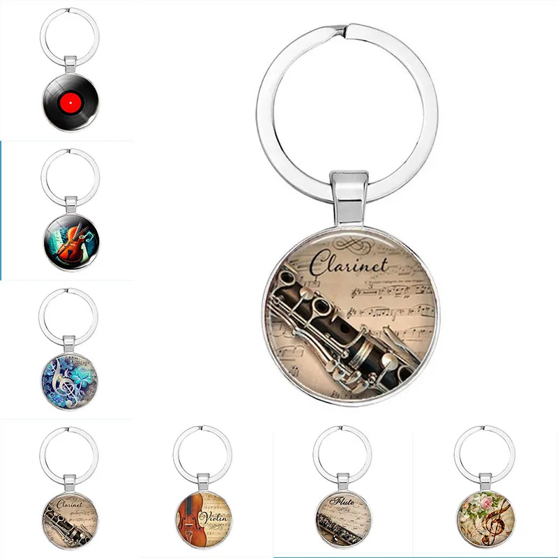 Musical Instruments Clarinet Guitar Flute Violin Music Keychain Pendant Musical Note Keychain Keyring Music Glass Dome Jewelry