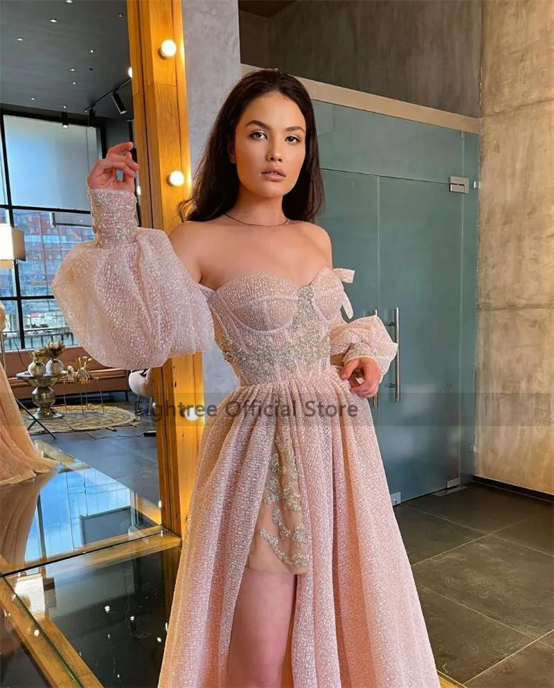 Eightree Pink Wedding Dresses 2021 Puff Long Sleeve Glitter Bride Dress Split Side A Line Sexy Beach Wedding Gowns Customized