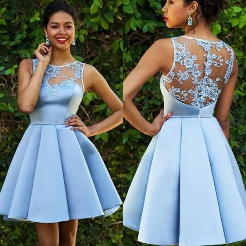 Vestido de baile curto azul-céu sexy 2021, vestido com babado de cetim sem mangas, lantejoulas, ocasião especial, homecomi