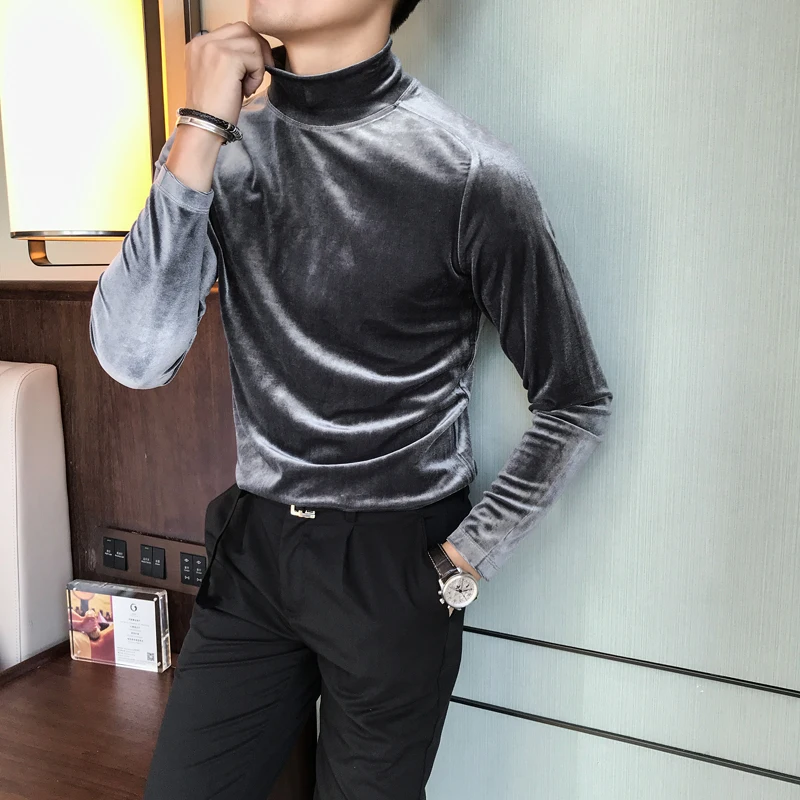 Autumn Winter Mens Half High Collar Long Sleeve T Shirts 2021 High Quality Velvet Stretched Slim Fit Solid Color T-Shirts Homme