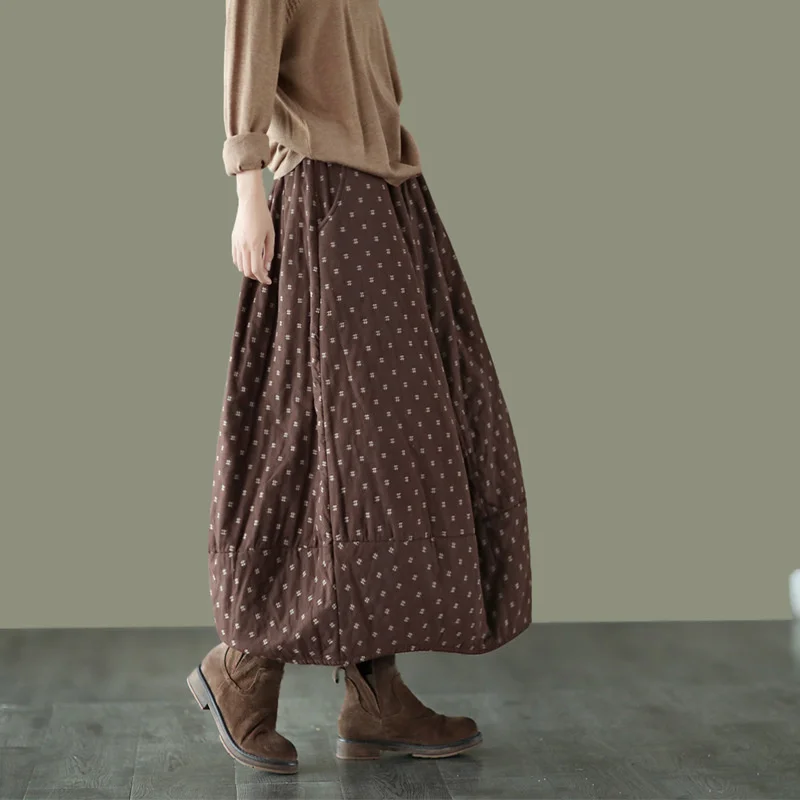 NINI WONDERLAND 2023 Autumn Winter Print Cotton Skirt Women Elastic Waist Thick Warm Long Skirts Female Loose Vintage Skirt