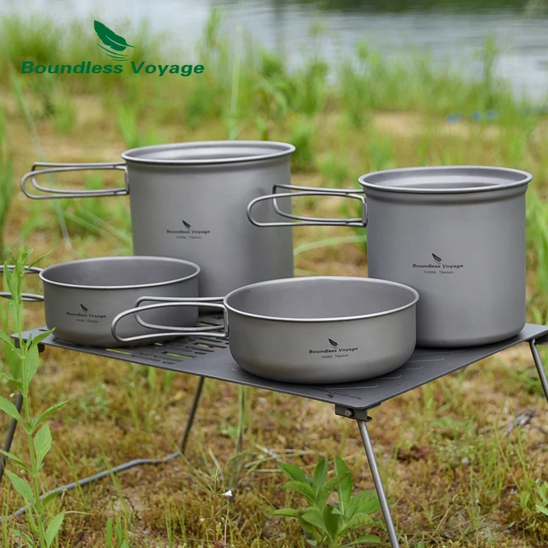 

Titanium Camping Cookware Set Lightweight Pot Pan Bowl with Folding Handle for Backpacking Hiking Outdoor Cooking (S/M/L)