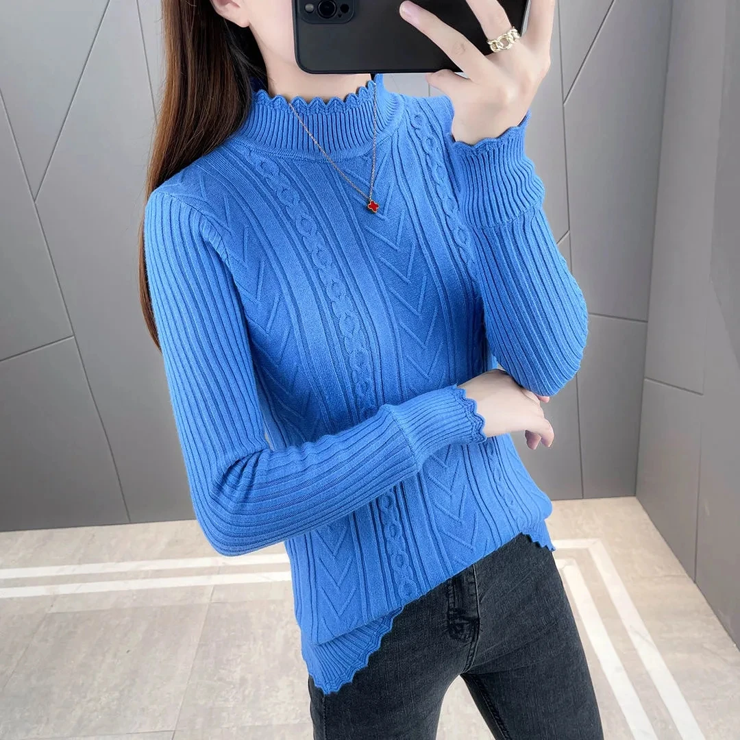 Autumn Women Sweater Pullover New Long Sleeve Knitwear Winter Fleece Warm Half Turtleneck Knit Sweater Jumper Base Shirt Female