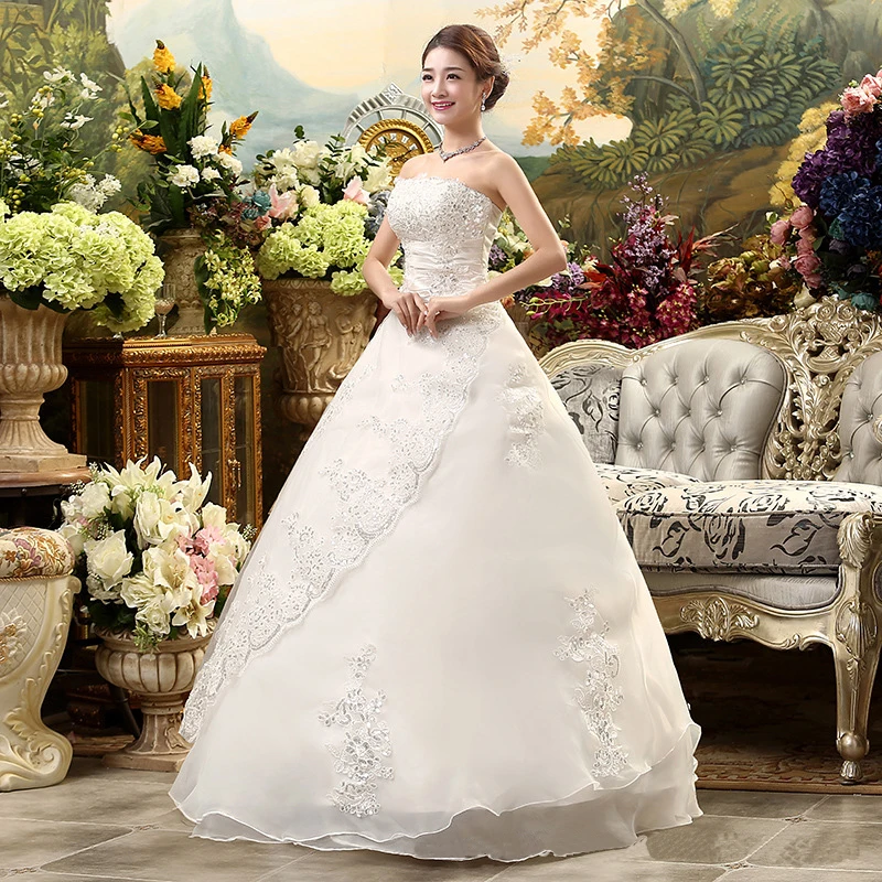 AnXin SH flower lace white vintage strapless beading crystal sleeveless ball gown white lace up customized wedding dress