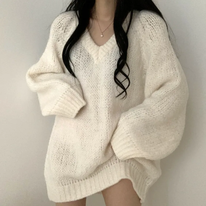 2022 Women V-neck Pullovers Simple Loose O-Neck Oversize Autumn Sweaters Knitted Korean Fashion Long Sleeve Sweater Top