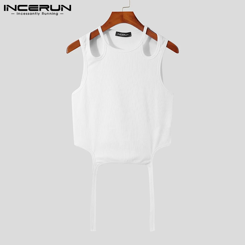 2023 Men Tank Tops Solid Color Sleeveless Hollow Out Casual Vests Streetwear Sexy Fashion Irregular Waistcoats Men 5XL INCERUN 7