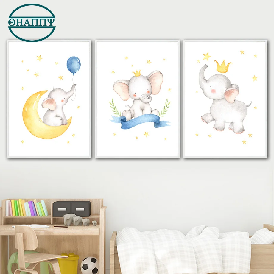 

Elephant Moon Balloon Crown Wall Art Nursery Canvas Painting Nordic Kids Decoration Picture For Children Bedroom Poster Unframed