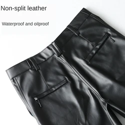 Spring Autumn Straight Leather Pants Fleece Men's Plus Size Leather Loose High Waist Windproof Wide Leg Pants Smart Casual Pants