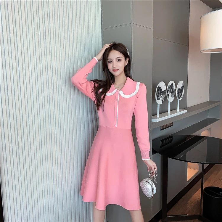 Woman Dress New Autumn and Winter Sweet Doll Collar Knitted Dress French Retro Mid-length Base Long Sleeve Pure Color Dresses