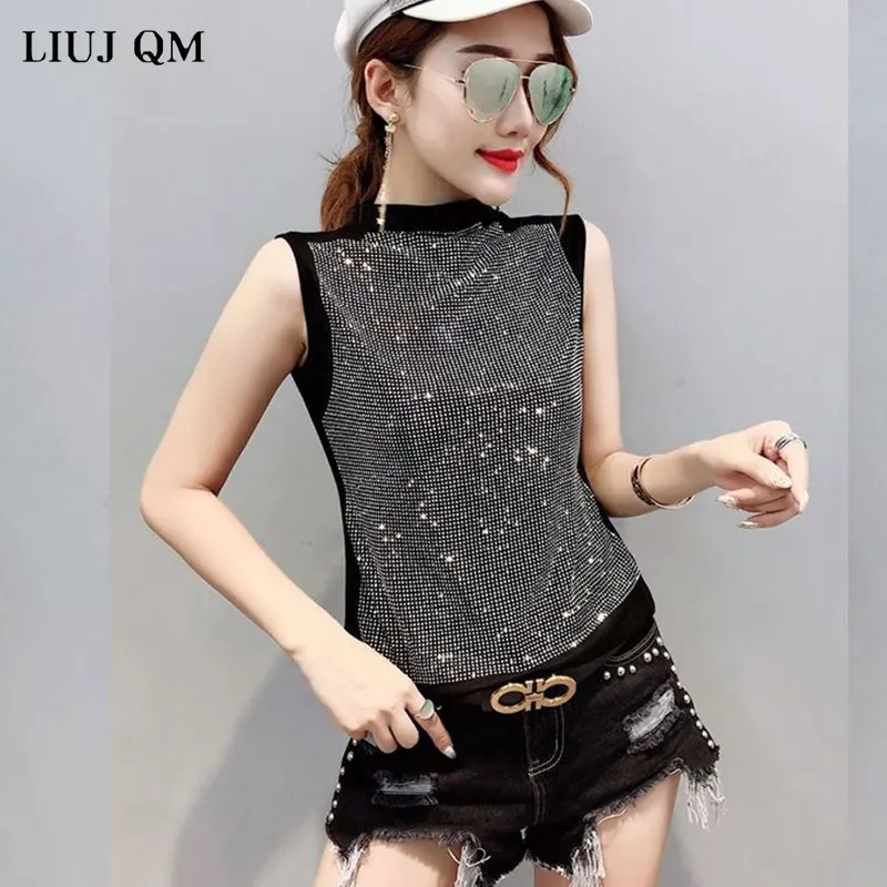 2024 New Summer Casual Loose Korean Clothes Harajuku Diamonds T-shirt Women Cotton Fashion Sleeveless Tops Ropa Mujer Shirt Tees