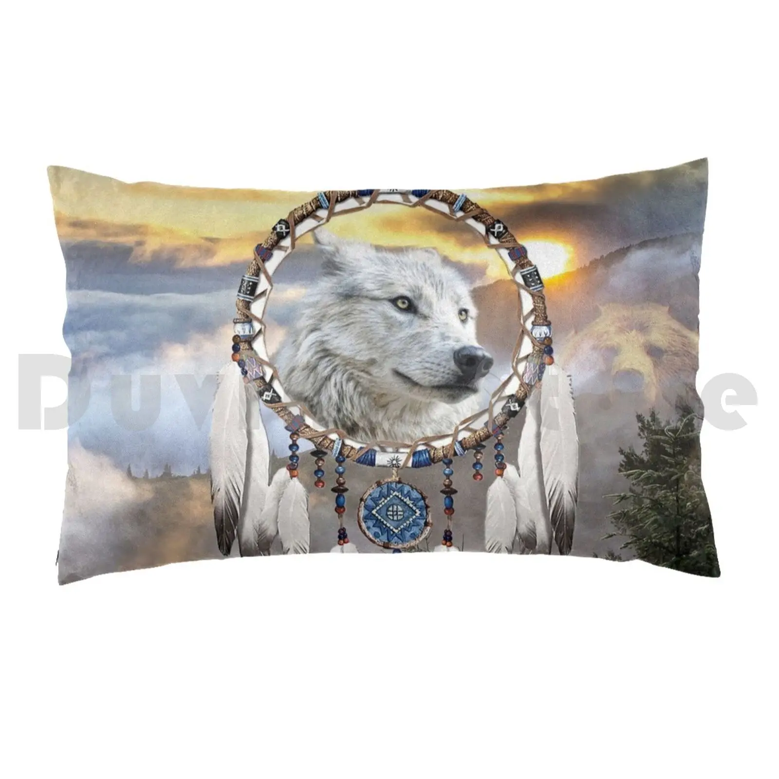 Wolf , Bear And Dream Catcher Pillow Case Printed 50x75 Wolf Wolves Bear Wild Animals American Animals Native