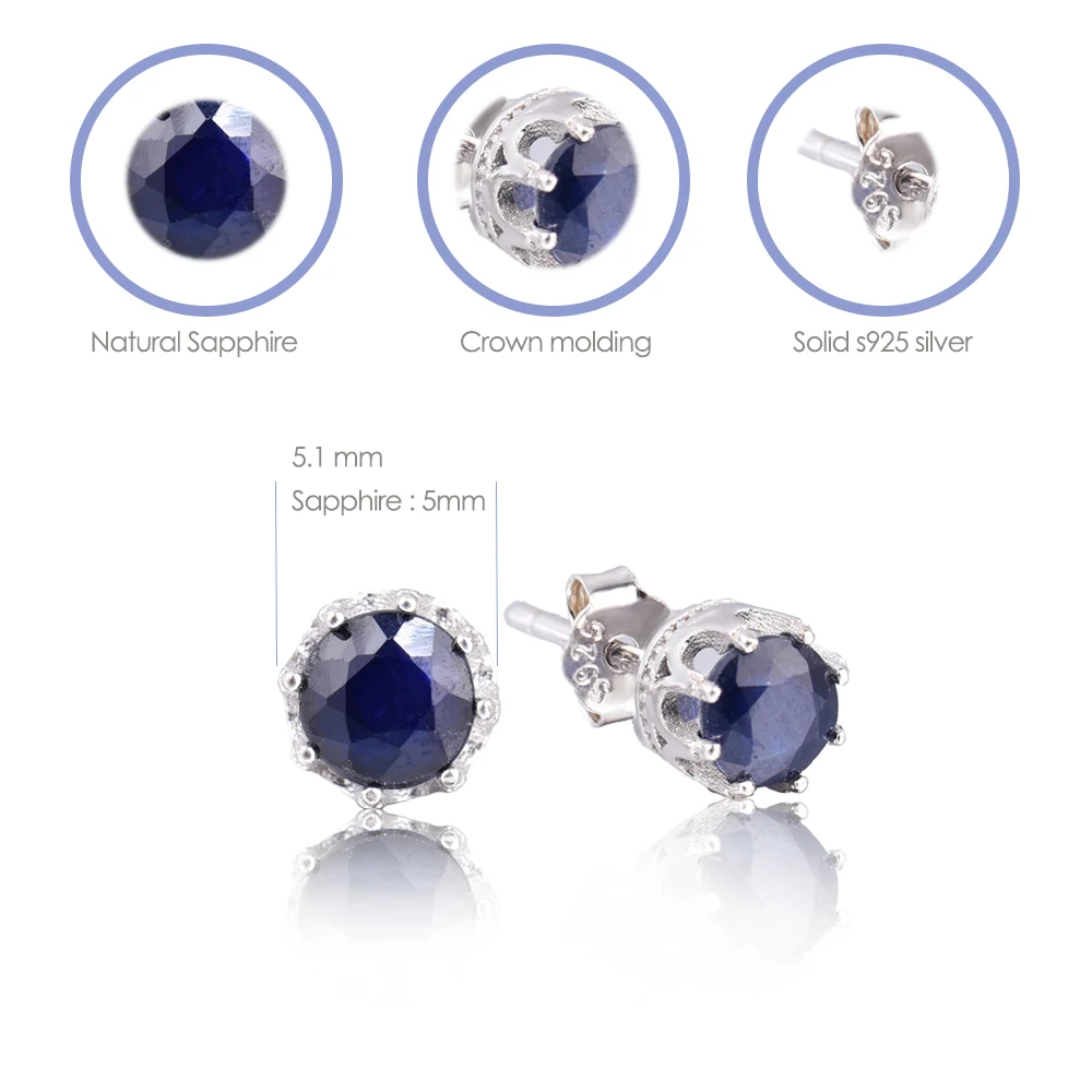 ITSMOS Solid S925 Silver Genuine Sri Lanka Sapphire Earrings CROWN Classic Women Jewelry 4mm Gemstone Luxury Crystal Stud Gift