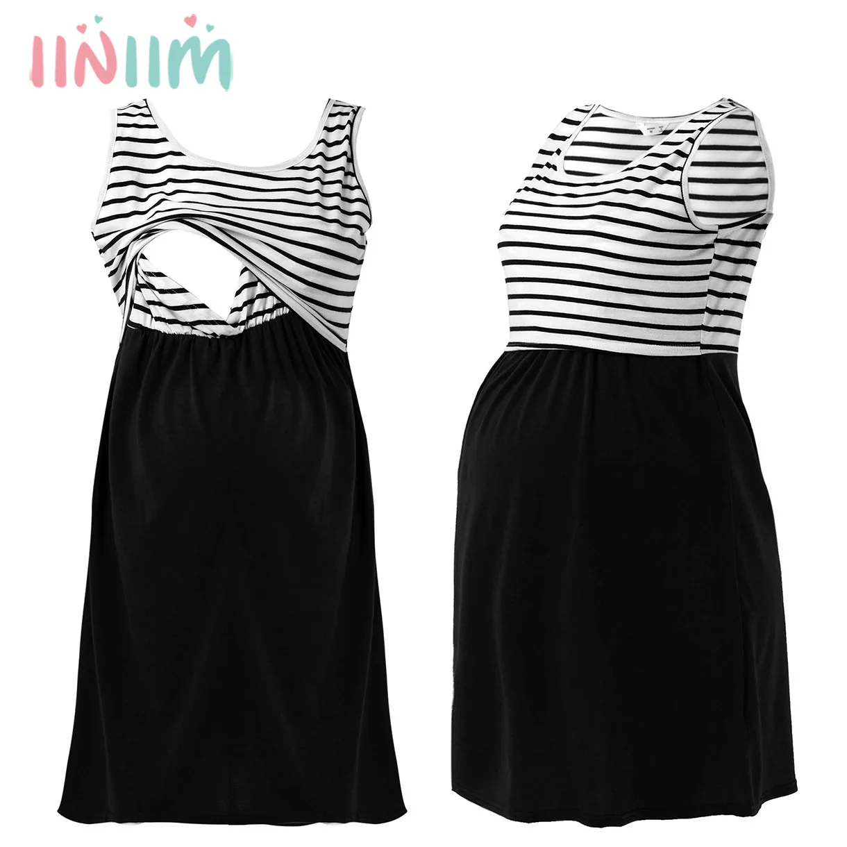 

Maternity Nursing Pajamas Pregnant Women Sleeveless Striped Vest Nightdress Breastfeeding Nightgown Pregnancy Sleepwear