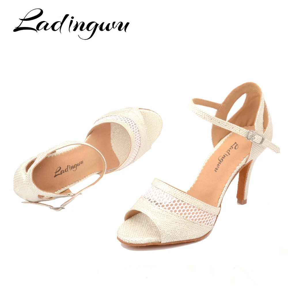 Ladingwu-zapatos de baile con malla transpirable y purpurina para mujer, calzado de baile latino, color champán/blanco, profesional, novedad de