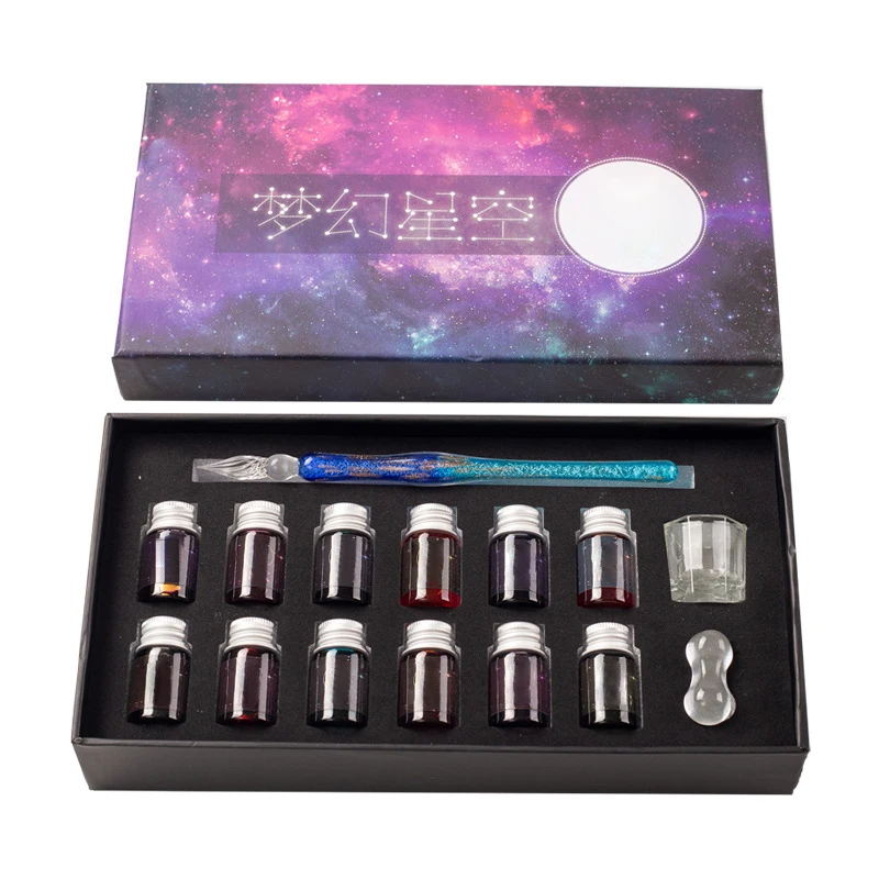 1set Crystal Glass Pen Starry Sky Unicorn Dip Pen Glitter Powder Fountain Pens 12 Colors Ink Gift Box Writing Supplies