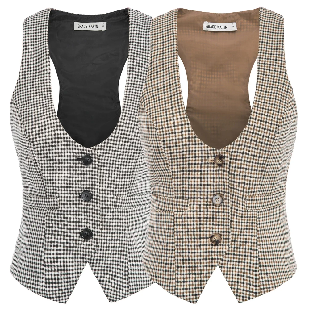Grace Karin Women Jacket Stylish Sleeveless Coat V-Neck Handkerchief Hem Plaided Vintage Slim Cropped Bolero Ladies New Clothes