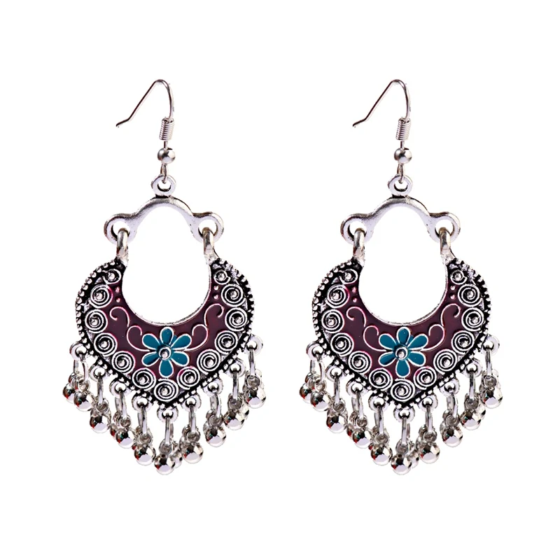 Boho Gypsy Tassel Indian Drop Earrings 2020 Women Orecchini Jewelry Ladies Retro Blue Flower Silver Color Jhumka Earrings
