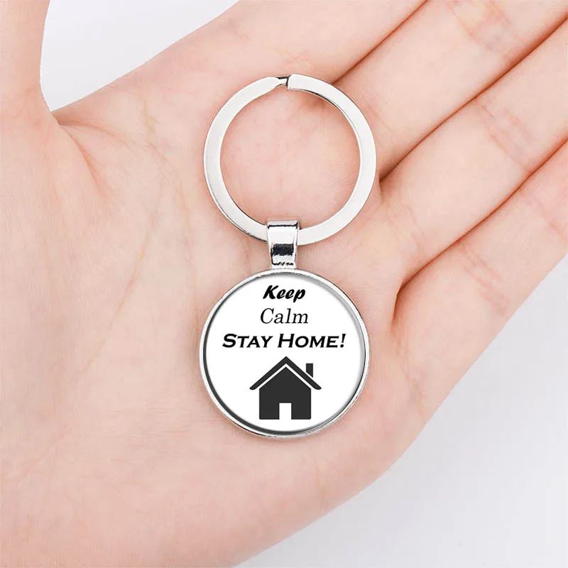 Round Keychain Glass Pattern Letters Keep Calm Stay At Home Friends Family Gift Glass Keychain Can Be