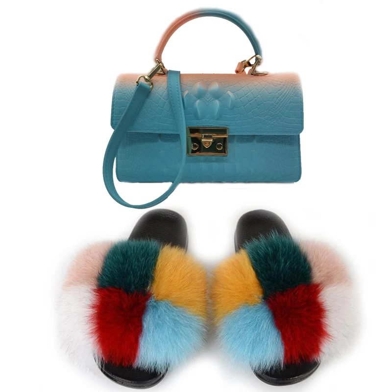 New Women Casual Plush Real Fox Fur Slippers Fashion Shoulder Bag Handbag  Ladies Cute Flat Furry Fur Slides Fluffy Fur Shoes