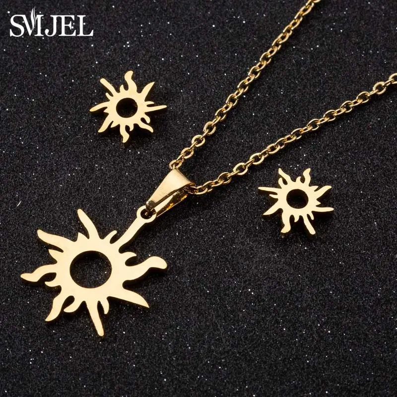 Stainless Steel Necklace Set Ethnic Sun Totem Pendent Necklaces For Women Birthday Party Fashion Crescent Star Earrings Jewelry