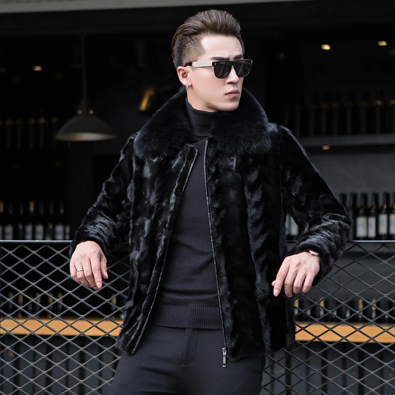 Men real genuine natural mink fur coat men's fashion jacket with fox fur collar warm winter