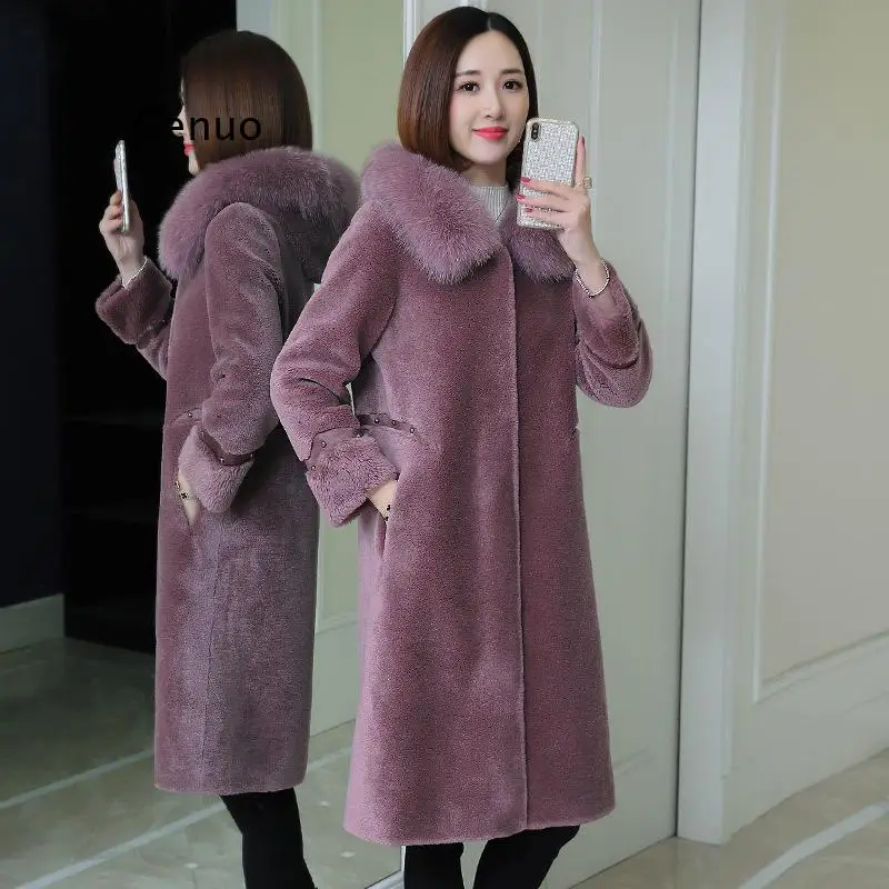 Winter Women's Granular Sheep Shearing Coat Middle and Long Solid Color Temperament Hooded Collar Fox Fur Grass Composite Coat