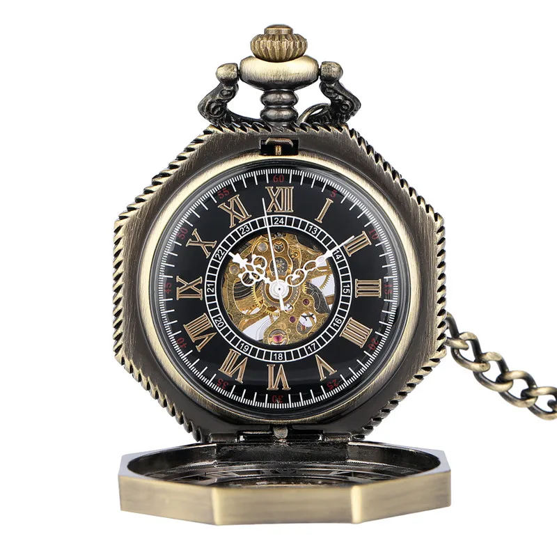 Bronze Hollow Octagon Design Men Women Skeleton Handwinding Mechanical Pocket Watch Roman Number Clock Pendant Chain Gift