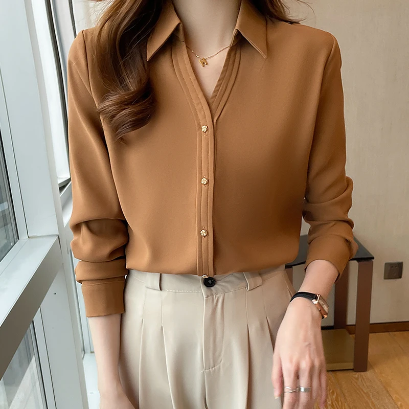 Korean shirts women silk satin blouses women long sleeve ladies tops white shirt women blouse v-neck top autumn chemise femme