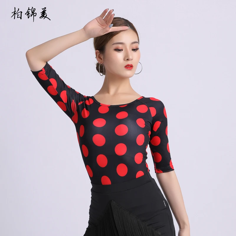 Latin dance shirt female adult new round neck national standard modern dance performance practice clothes competition dance danc