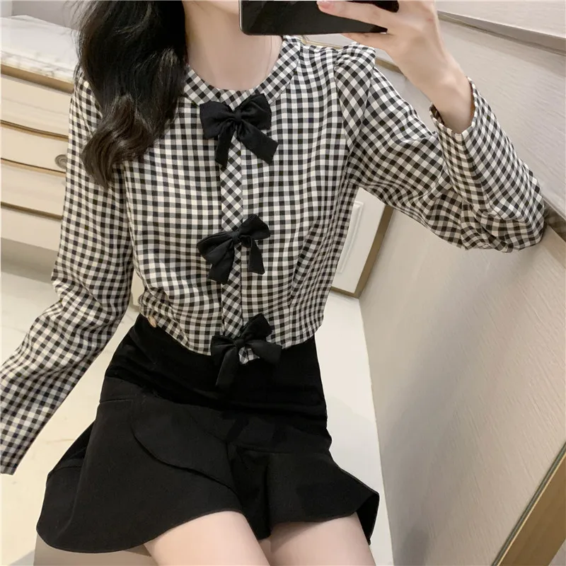 Blouses Women Short Plaid Pattern Bowknot Tops Female's Long-sleeved Shirt 2020 New Autumn Winter Blouse for Femme Blusa Mujer