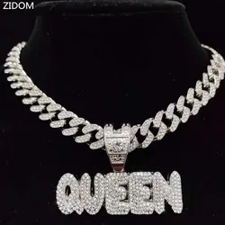 Men Women Hip Hop Full Rhinestone KING QUEEN Letter Pendant Necklace Cuban Chain HipHop Iced Out Bling Necklaces Charm Jewelry