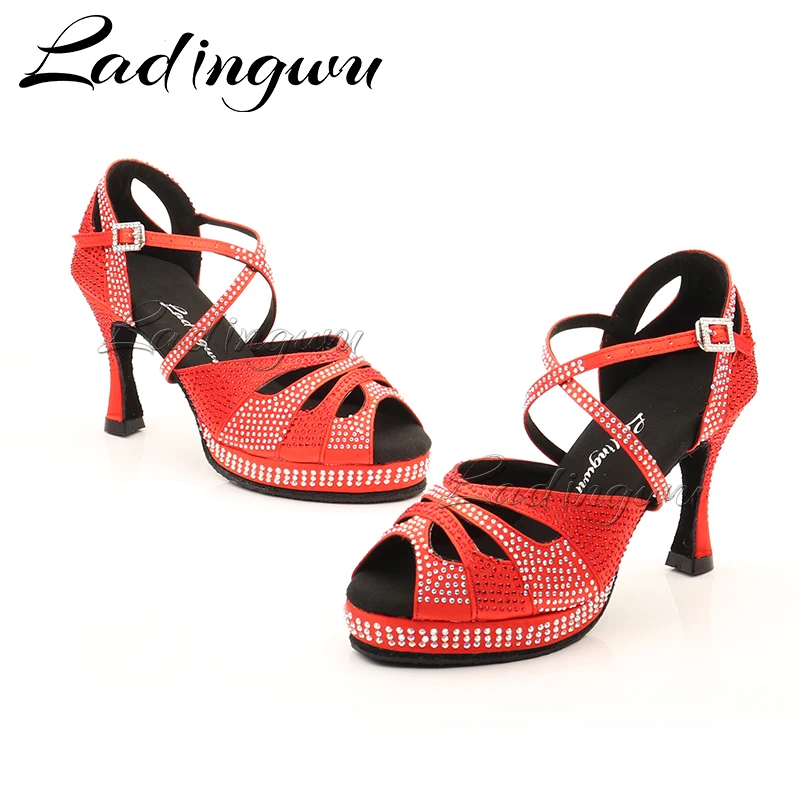 Dance Shoes Latin Women\'s shoes High Platform Glitter Rhinestone And Women Satin Ballroom Dance Sandals Red Satin 6-10cm Heel