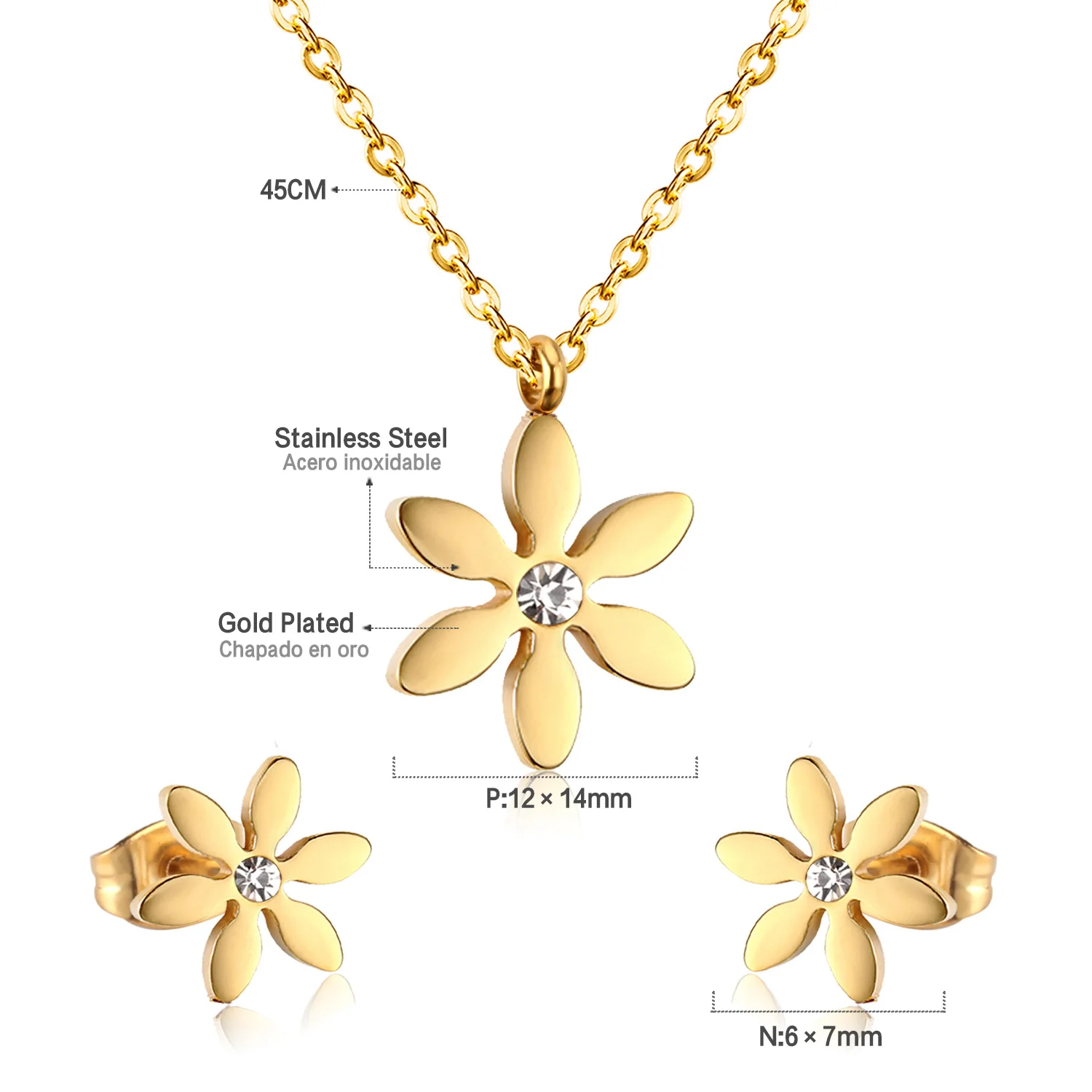 LUXUSTEEL Trendy Gold Color Flower Pendant Necklace & Earrings Set