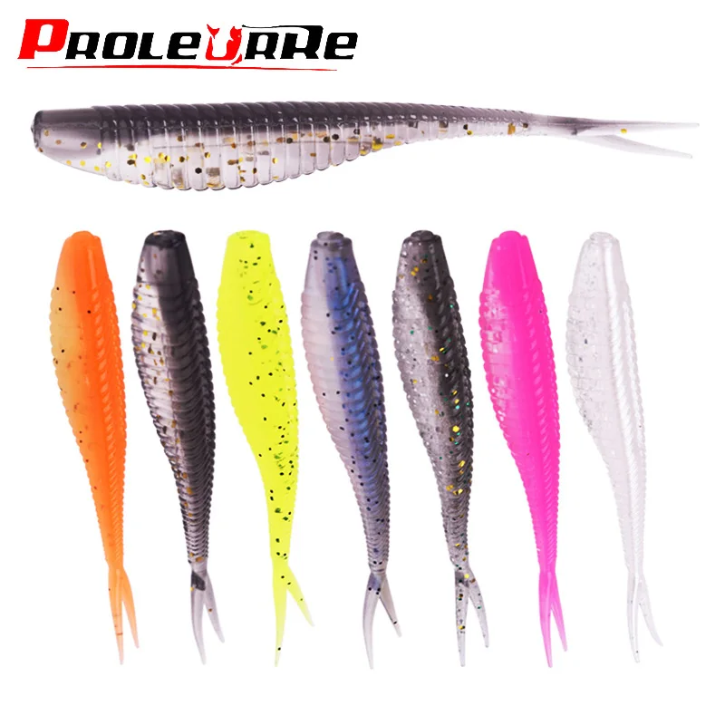 10PCS Jig Wobblers Worm Soft Bait 7cm 1.8g Easy Shiner Gold Silve Silicone Sequins Fishing Lure Fork Tail Swimbait Maggot Tackle