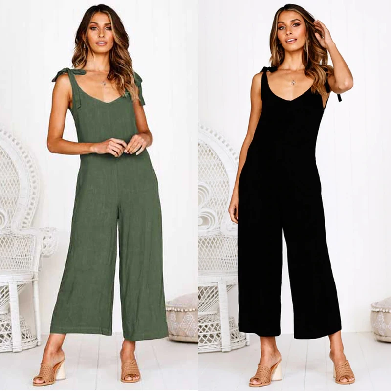 Women Rompers Casual Loose Linen Cotton Jumpsuit Sleeveless Backless Playsuit Trousers Strappy Jumpsuits Autumn Summer New