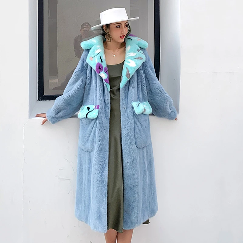 Ftangaiur New Winter Import Velvet Mink Fur Coat Women Contrast Color Print Pockets X-Long Slim Natural Real Mink Fur Coats