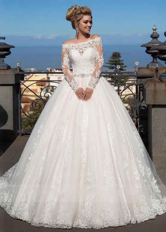 

Off the Shoulder Long Sleeves Lace Applique Ball Gown Wedding Dress with Beading Crystal Belt Court Train Button Bridal Dress