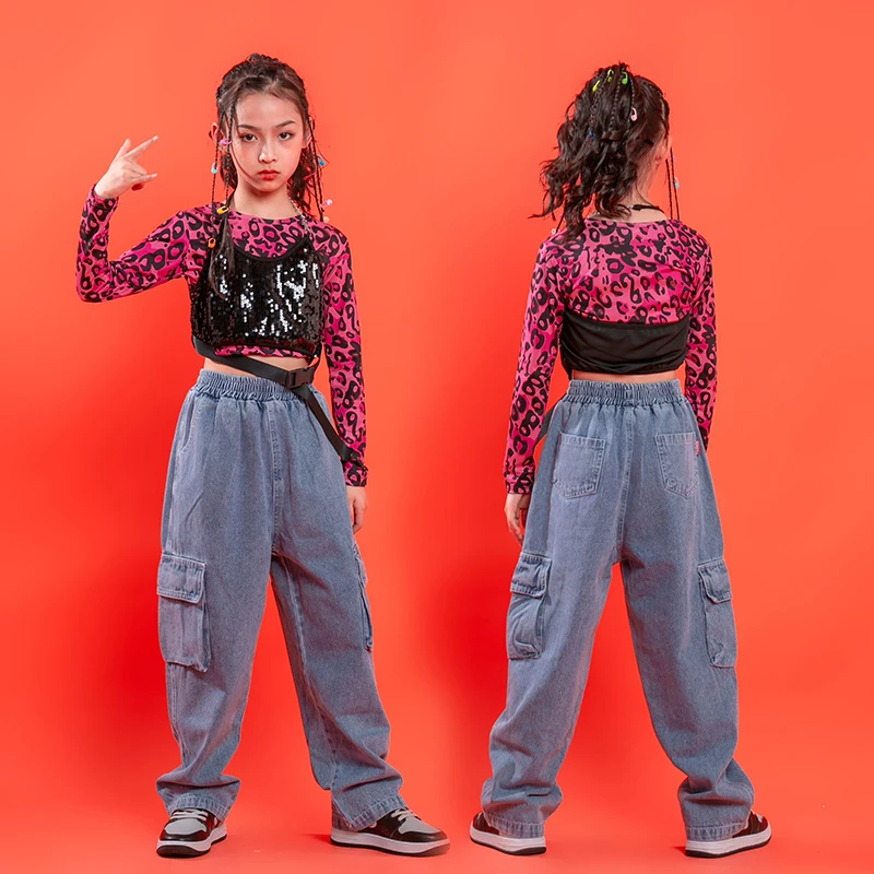 Kid Hip Hop Stage Clothing Leopard Crop Tops Sequin Tank Top Streetwear Tactical Cargo Pants for Girl Dance Costume Clothes