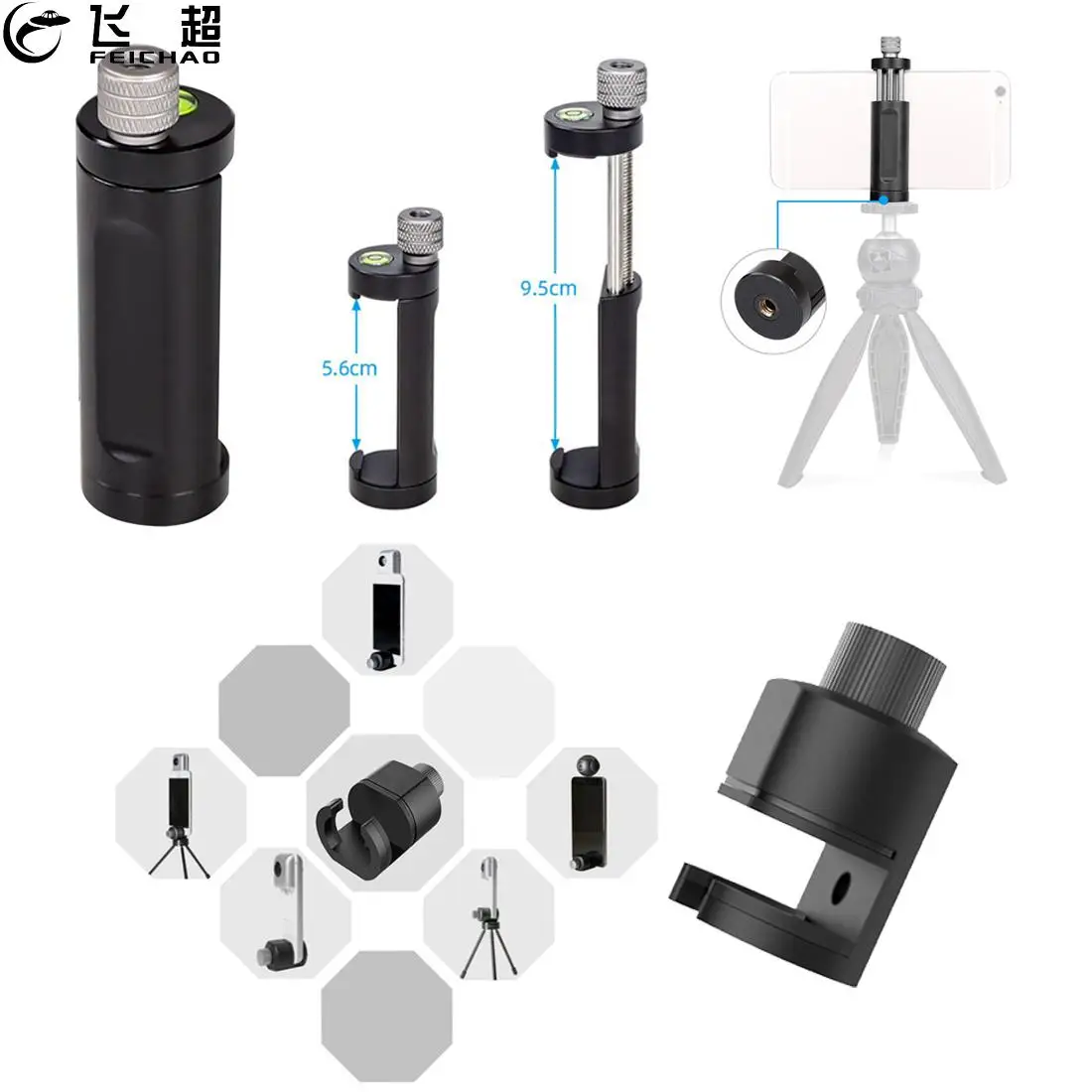 Tosquiadeira universal para celular XJ-10, liga de alumínio para smartphones, suporte de 56 ~ 95mm, montagem 1/4, nível de bolha, mini botão para iphone