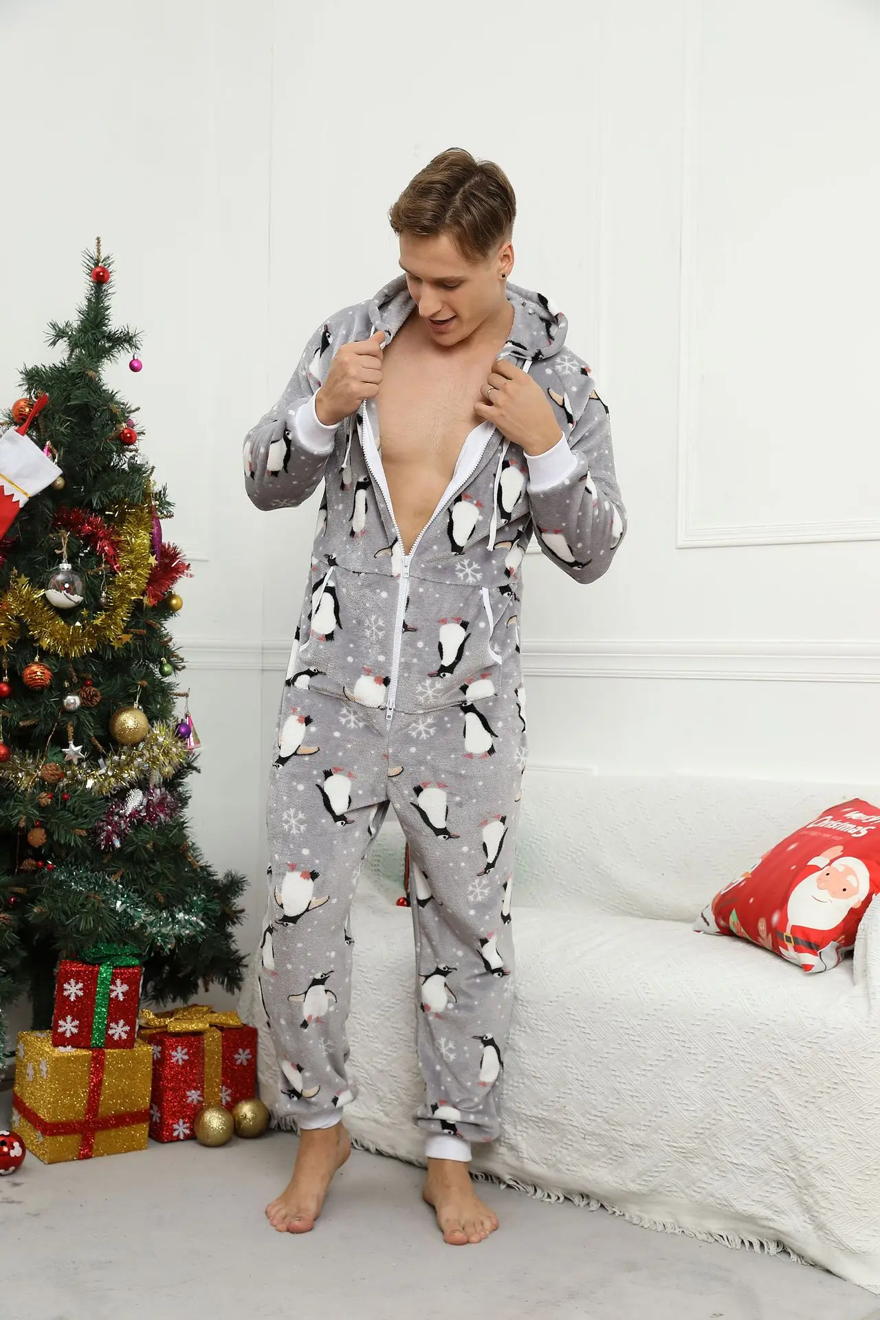 Christmas Long Sleeve Pajamas Men Adults Winter Flannel Jumpsuit Onesie Grey Print Sleepwear Pijama