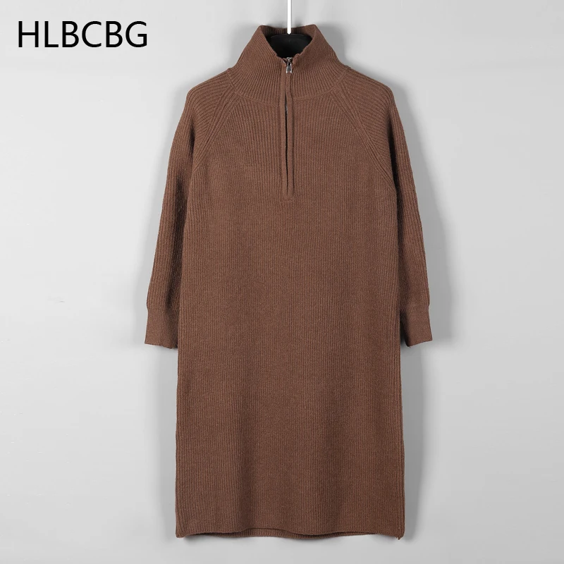 HLBCBG Long Knit Sweater Dress For Women 2021 Autumn Winter Thick Warm Long Maxi Dress Elegant Zipper Robe Femme Vestidos