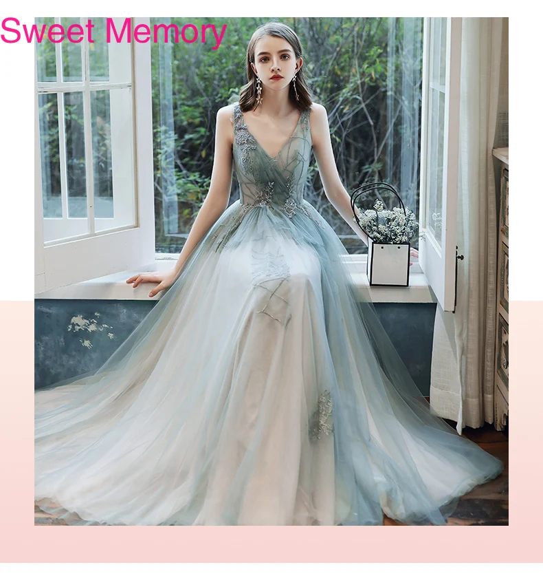 Piętro długość Sexy V Neck sukienki druhen panna młoda gość Tulle szaty eleganckie kobiety aplikacje koronkowa długa suknia balowa Party Vestidos