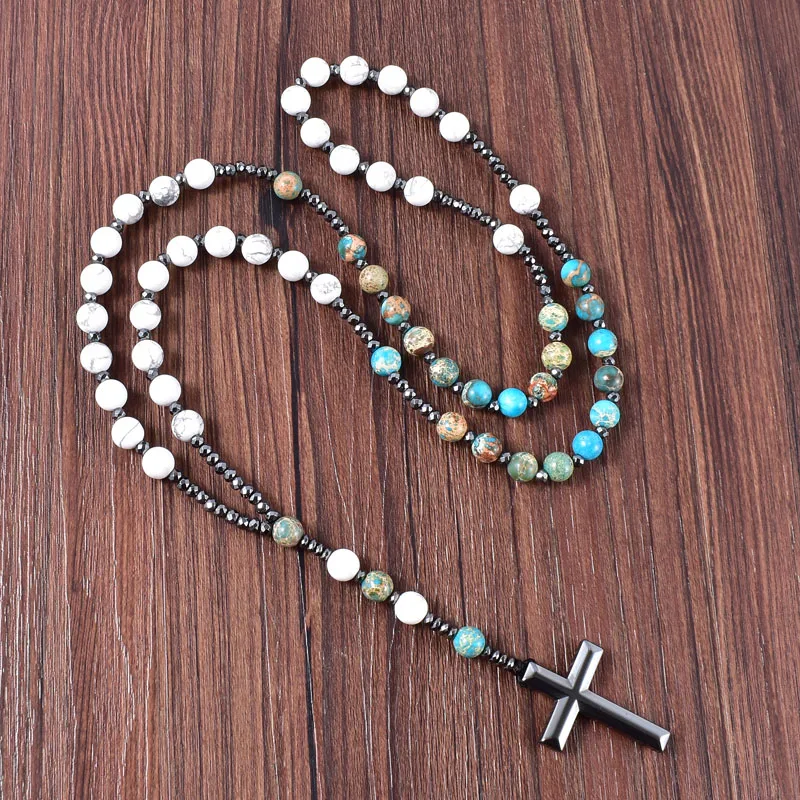 Wholesale Natural Turqouise With Hematite Cross Pendant Catholic Christ Mens Rosary Necklaces For Women Jewelry Drop shipping