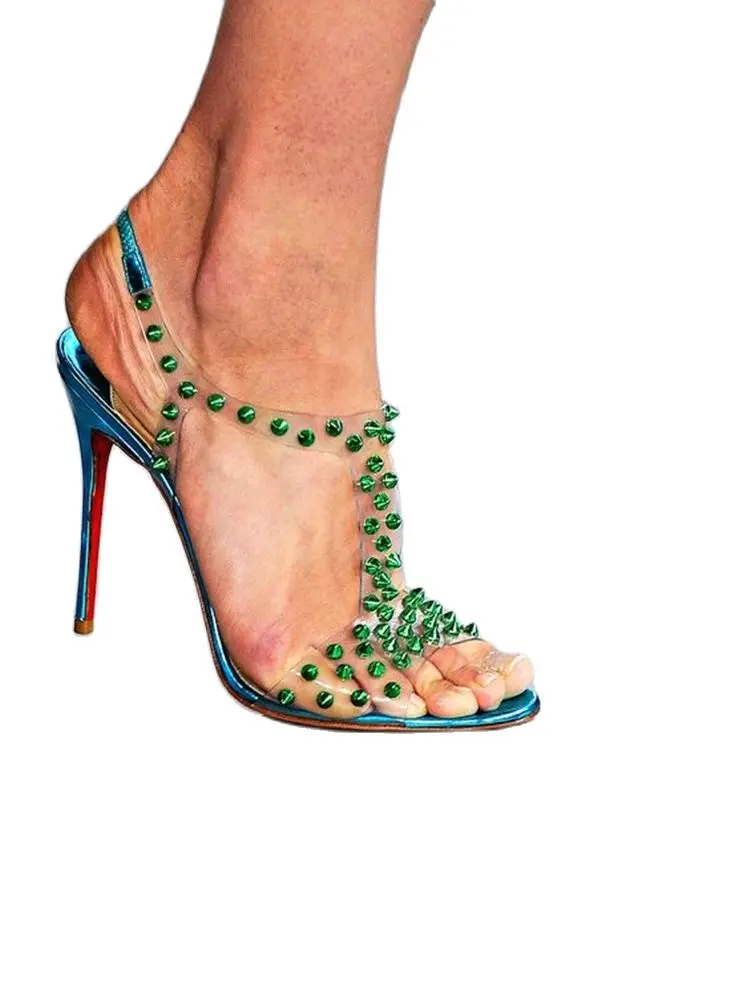 Green Rivet Clear PVC Sandals Open Toe Ankle Strap Thin High Heel Dress Shoes Stiletto Heel Ankle Buckle Runway Shoes