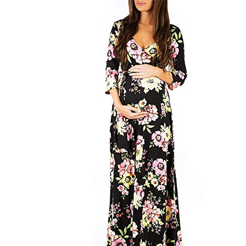 Autumn Womens Dresses Long Pregnant printing Pregnancy Dress Solid Maternity photography Clothing Hollow Out Party dresses