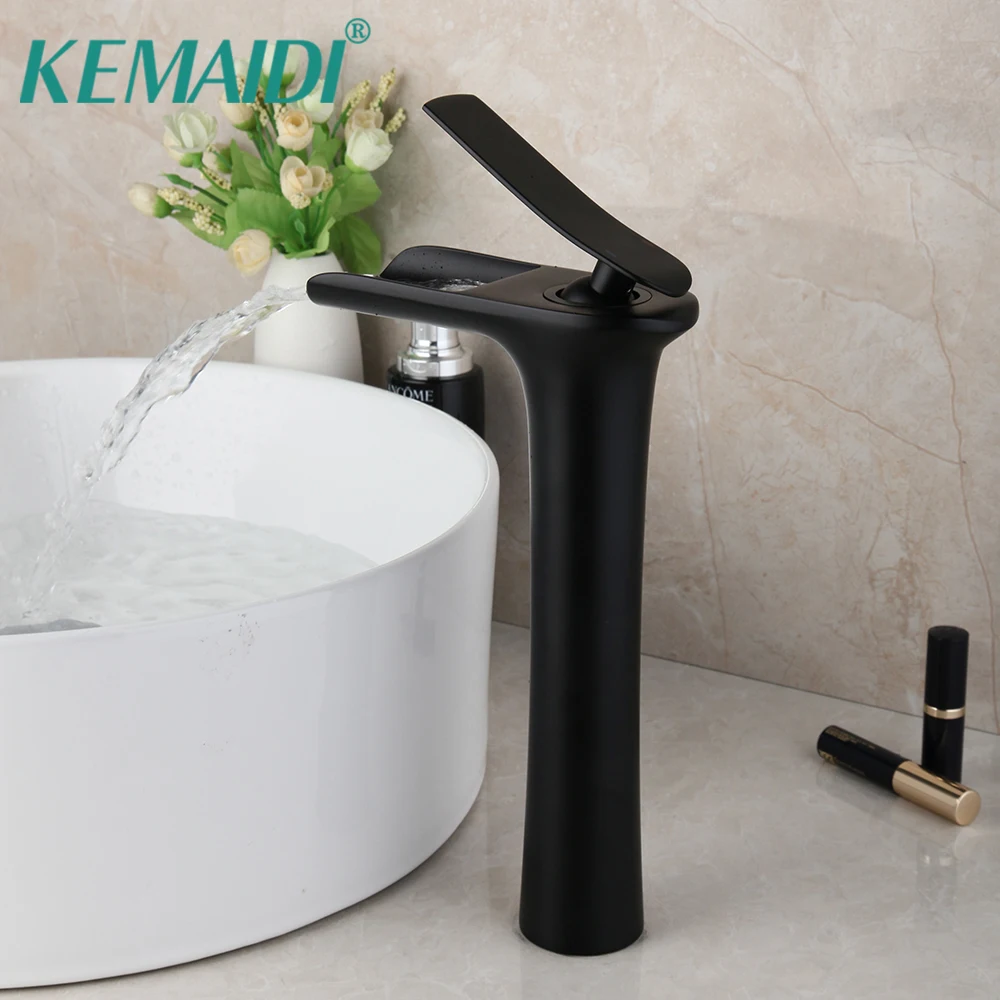 

KEMAIDI Bathroom Waterfall Mixer Black Water Faucet Tap Matte Black Bathroom Basin Faucet Deck Mounted Basin Vessel Sinks