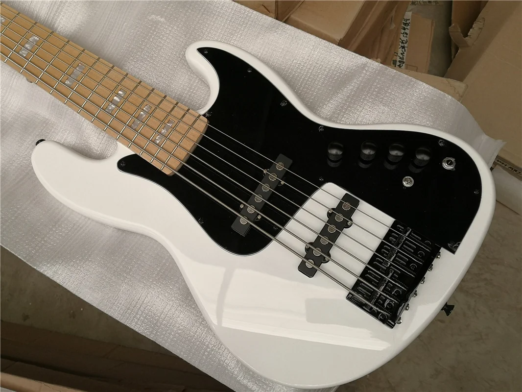 Free shipping custom 6 string bass guitar ,white bass,maple neck shell pearl inlay,SS pickups,active battery,chrome bridge