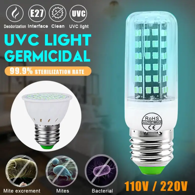 110V-220V E27 UV Desinfection Lamp 2385 SMD LED Sterilize 250nm UV-C Light Germicidal UV Bulb Lamp Disinfection